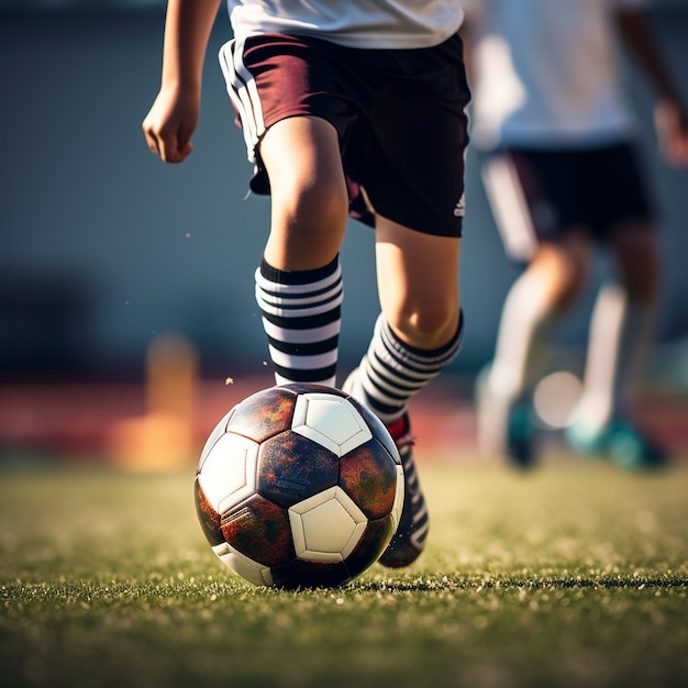 Photo gratuite joueur de football avec ballon sur terrain en herbe