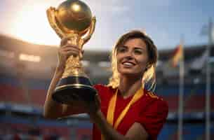 Photo gratuite joueur de football espagnol tenant le trophée de la coupe du monde