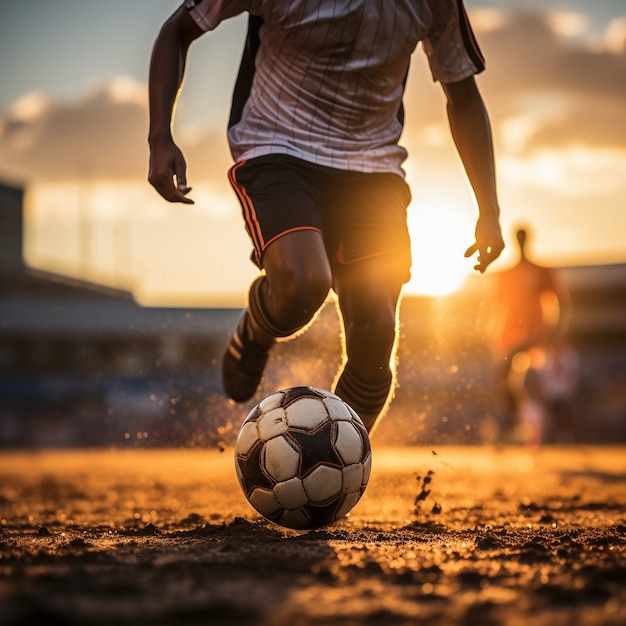 Photo gratuite joueur de football masculin avec ballon sur le terrain en herbe