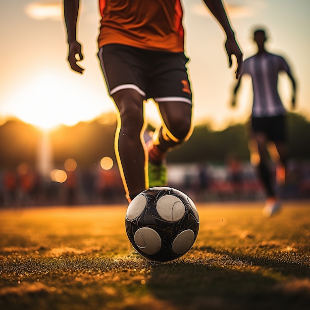 Photo gratuite joueur de football masculin avec ballon sur le terrain en herbe