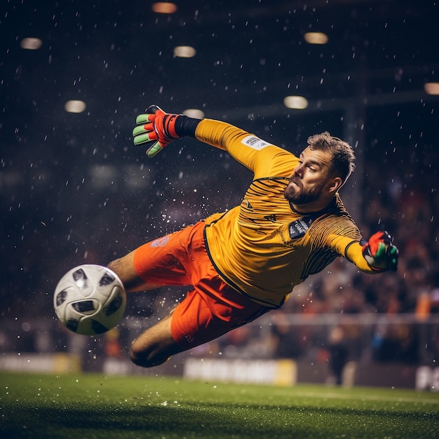 Joueur de football masculin avec ballon sur le terrain en herbe