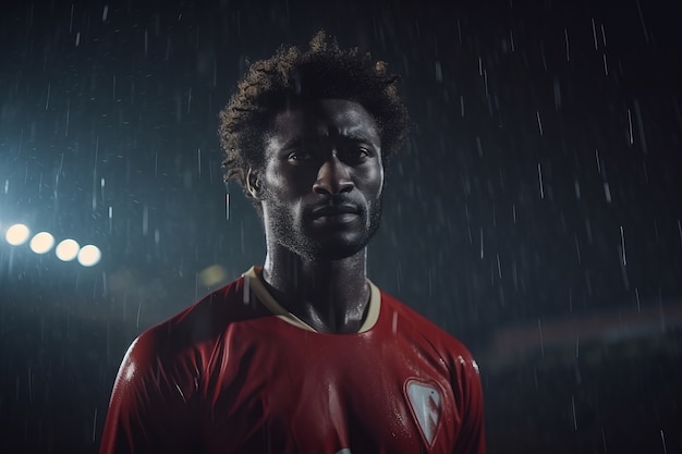 Joueur de football masculin sur le terrain sous la pluie