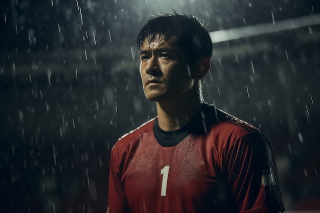 Photo gratuite joueur de football masculin sur le terrain sous la pluie