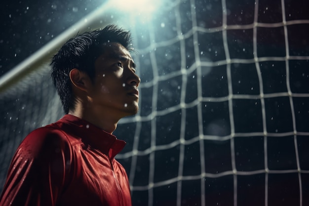 Joueur de football masculin sur le terrain sous la pluie