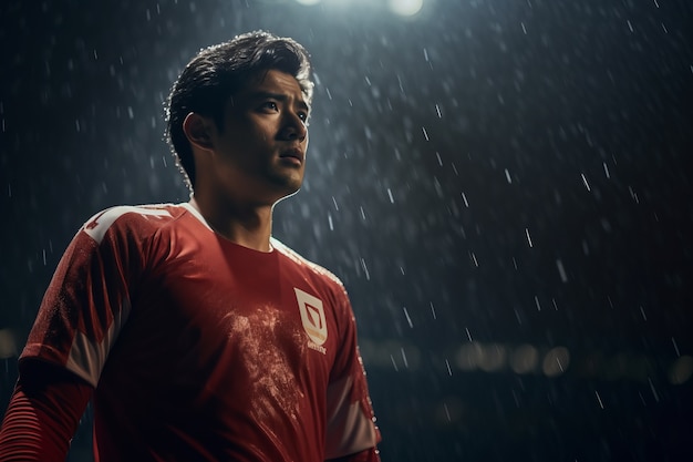 Photo gratuite joueur de football masculin sur le terrain sous la pluie