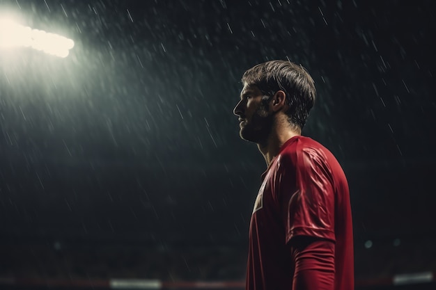 Joueur de football masculin sur le terrain sous la pluie