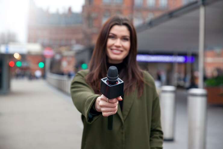 Photo gratuit journaliste souriant à coup moyen tenant un microphone