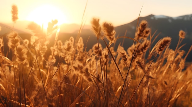 Photo gratuite journée ensoleillée d'été coucher de soleil en plein air et montagnes derrière la plante sèche brune