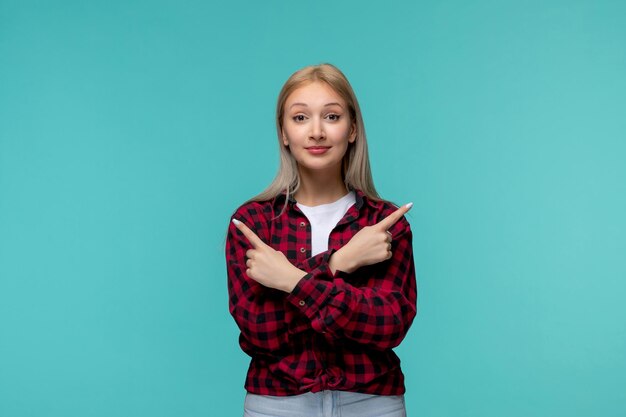 Journée internationale des étudiants belle jolie fille en chemise à carreaux rouge avec les mains croisées