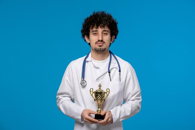 Journée des médecins bouclés beau mec mignon en uniforme médical tenant un trophée d'or