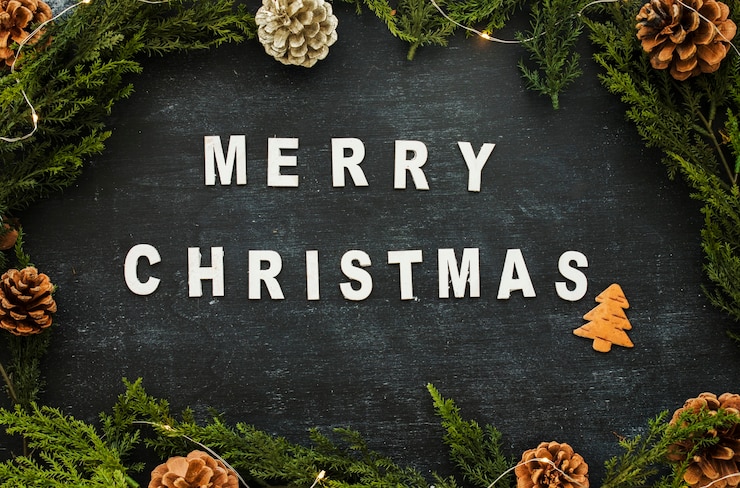 Photo gratuit joyeuse inscription de noël avec des cônes sur la table