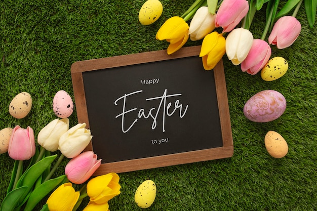 Joyeuses Pâques panneau en bois avec des oeufs et des fleurs