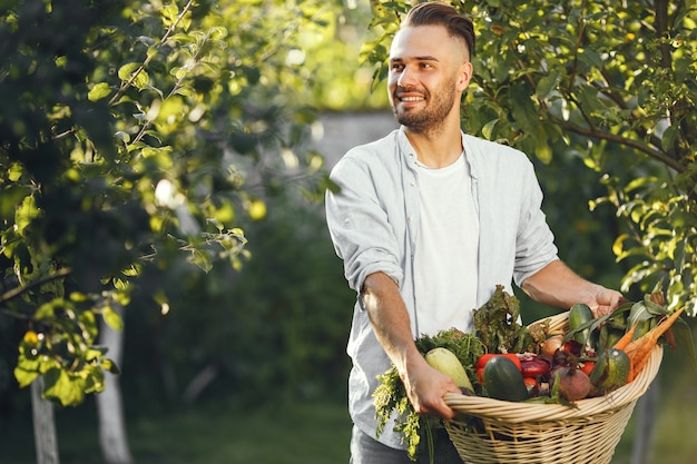 Joyeux agriculteur avec des légumes biologiques dans le jardin. Légumes biologiques mélangés dans un panier en osier.