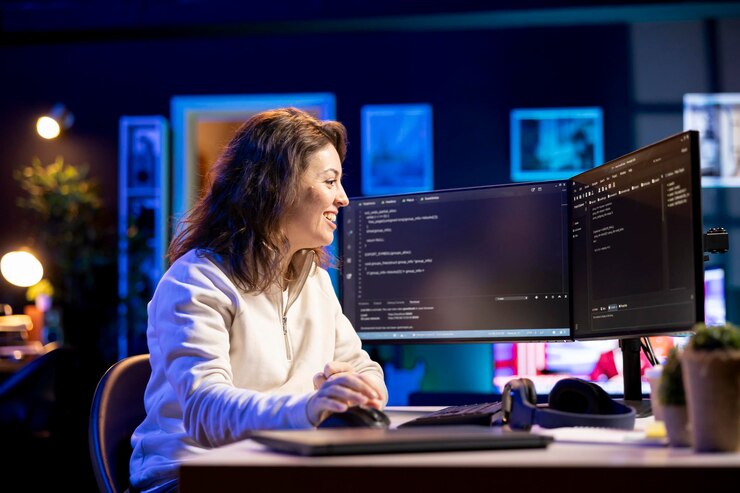 Photo gratuit joyous developer showing happiness after securing company servers