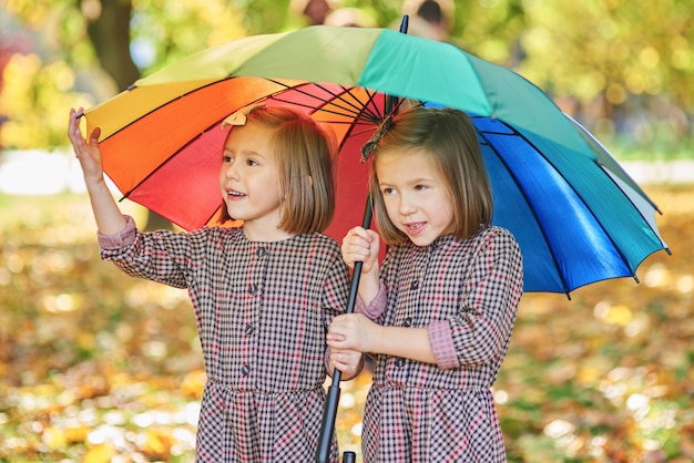 Jumeaux à la recherche d'un abri avec parapluie