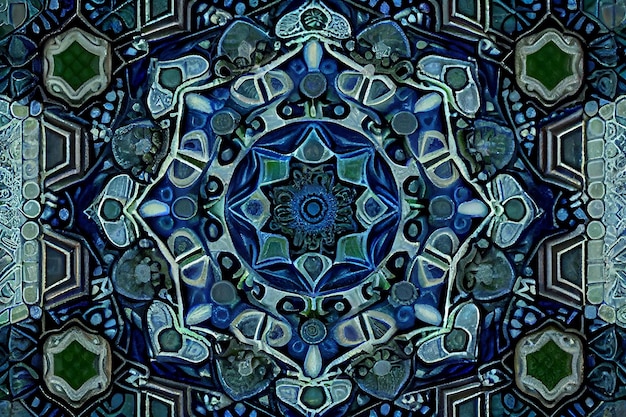 Un kaléidoscope de couleurs bleues et vertes est affiché dans un motif en mosaïque.