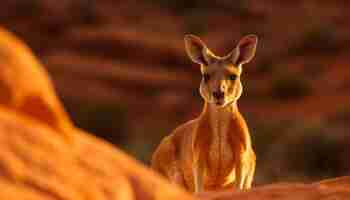 Photo gratuite un kangourou dans le désert avec des roches rouges en arrière-plan