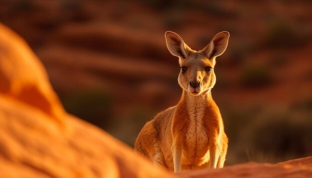Un kangourou dans le désert avec des roches rouges en arrière-plan