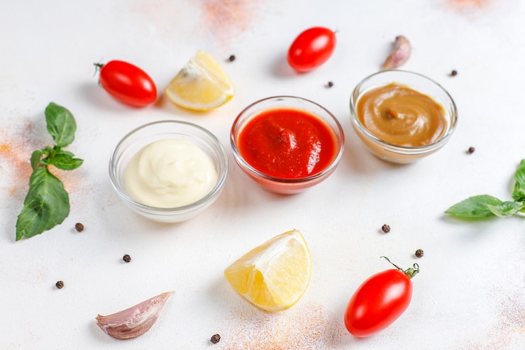 Photo gratuit ketchup maison, moutarde et sauce mayonnaise.