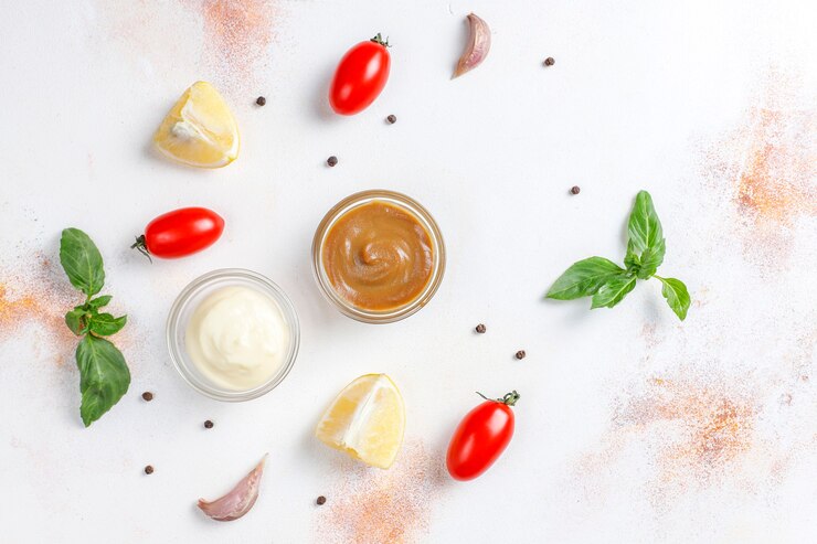 Photo gratuit ketchup maison, moutarde et sauce mayonnaise.