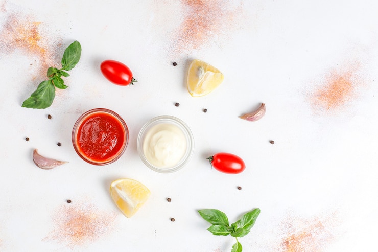 Photo gratuit ketchup maison, moutarde et sauce mayonnaise.