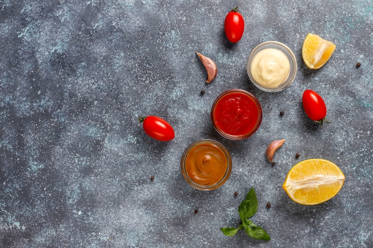 Photo gratuit ketchup maison, moutarde et sauce mayonnaise.