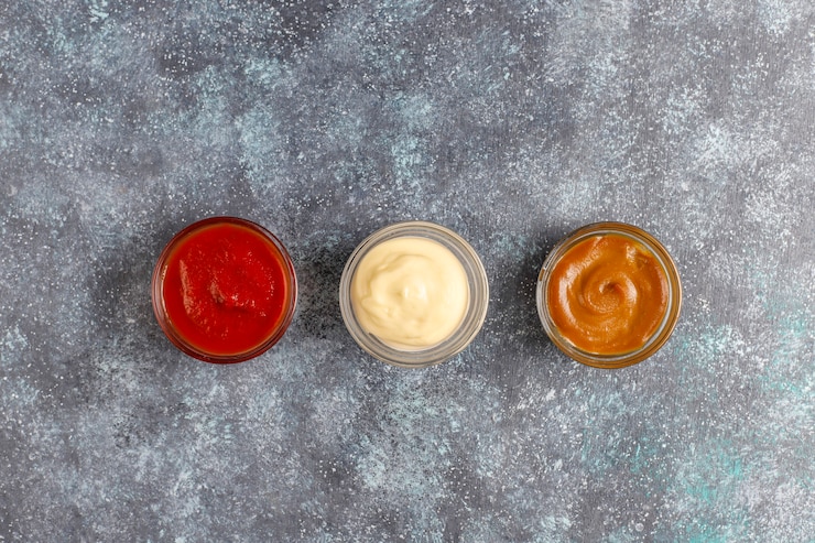 Photo gratuit ketchup maison, moutarde et sauce mayonnaise.