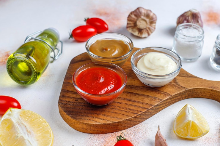 Photo gratuit ketchup maison, moutarde et sauce mayonnaise.