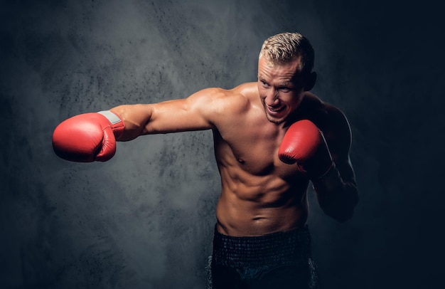 Kick boxer torse nu montrant ses coups de poing et coups de pied sur fond gris dans un studio.