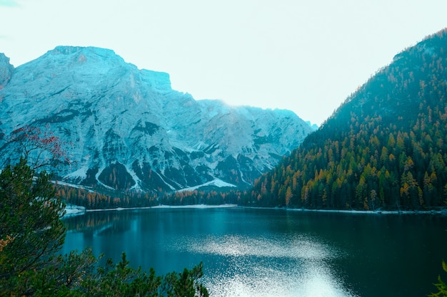Lac au milieu de montagnes enneigées et couvertes d'arbres