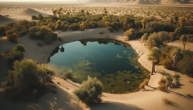 Un lac dans le désert avec des montagnes en arrière-plan