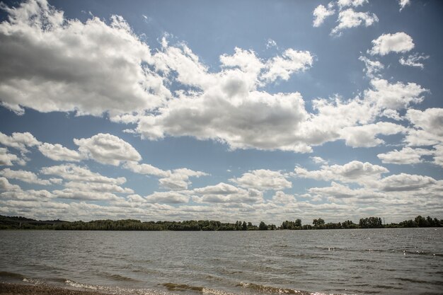 Un lac sous le ciel nuageux avec une forêt