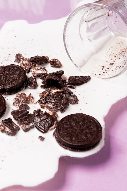 Photo gratuite lait renversé avec biscuits écrasés haute vue