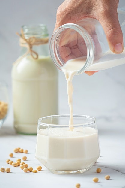 Lait de soja, produits alimentaires et boissons de soja Concept de nutrition alimentaire.