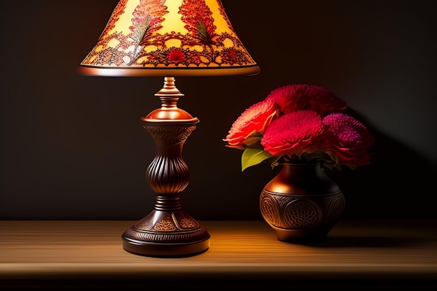 Photo gratuite une lampe avec une fleur rouge en arrière-plan