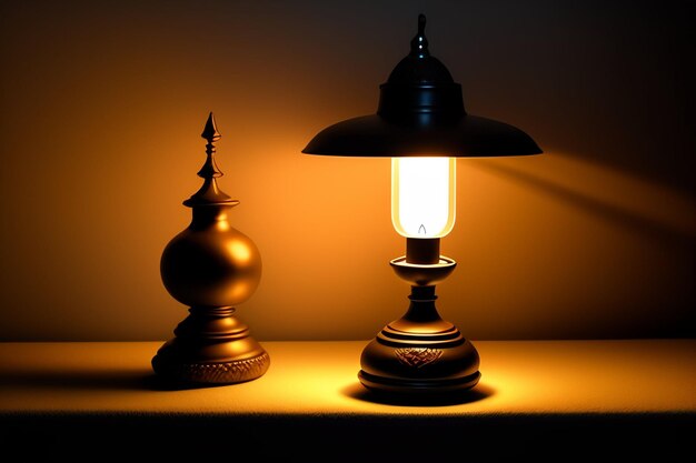 Une lampe et une lampe sont assises sur une table.