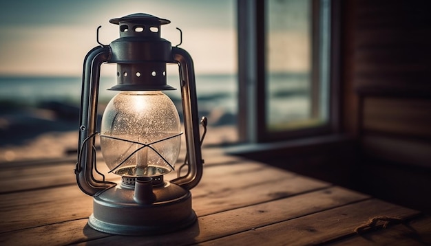 Photo gratuite une lanterne à l'ancienne illumine une table en bois rustique à l'extérieur générée par l'ia