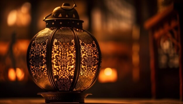 Une lanterne antique illumine une décoration arabe ornée à l'extérieur générée par l'IA