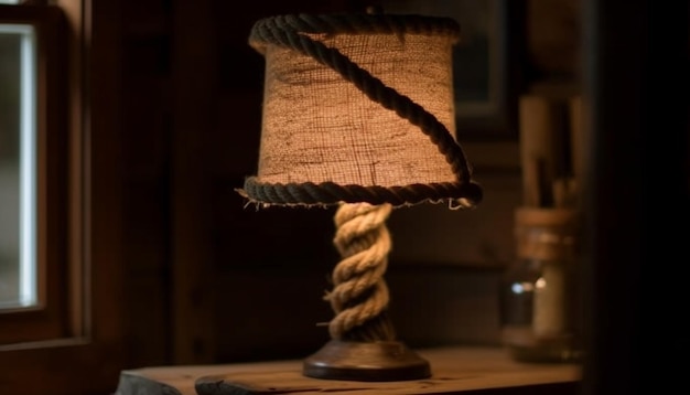 Une lanterne antique illumine un salon rustique confortable généré par l'IA