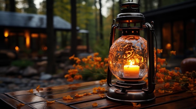 Lanterne éclairée placée sur une table en bois dans la forêt