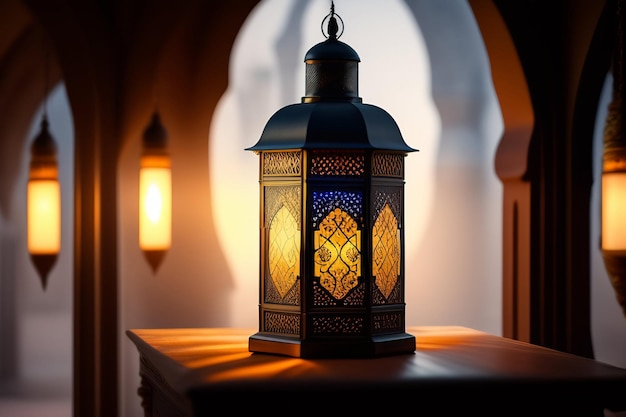 Photo gratuite une lanterne est allumée dans une pièce sombre avec une lumière sur le mur.