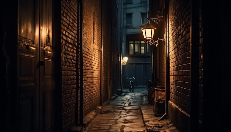 Photo gratuit une lanterne fantasmagorique illumine un vieux mur de briques au crépuscule généré par l'ia