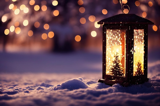 Lanterne De Noël Avec Branche De Sapin Et Décoration Sur Table Enneigée Fond Défocalisé Ai Générative