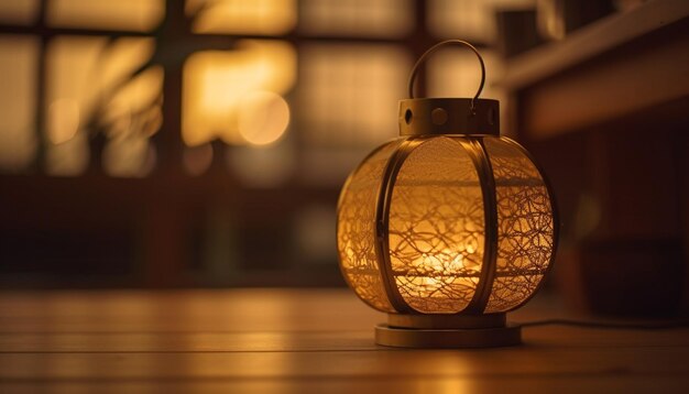 Une lanterne rougeoyante illumine un décor de Noël à l'ancienne à l'intérieur généré par l'IA