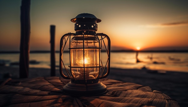 Photo gratuite une lanterne rougeoyante illumine un navire nautique à l'ancienne au crépuscule généré par l'ia
