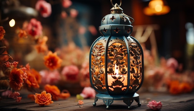 Des lanternes de célébration des cultures éclairent les traditions sur une table en bois générée par l'intelligence artificielle
