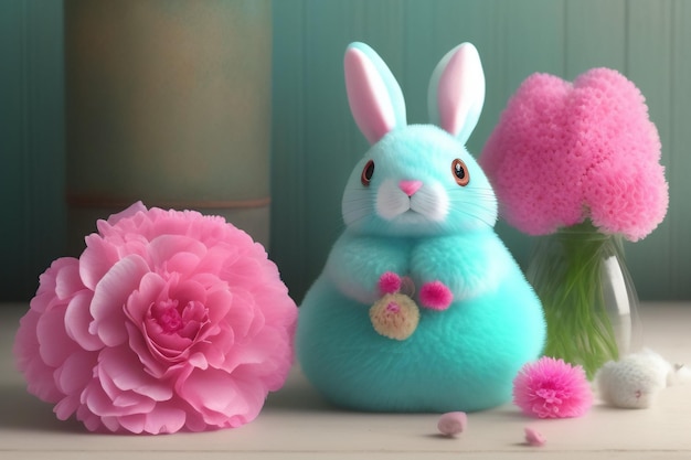 Photo gratuite un lapin bleu avec une fleur en arrière-plan