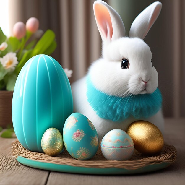 Un lapin avec une écharpe bleue autour du cou est assis à côté d'un panier d'œufs de Pâques.