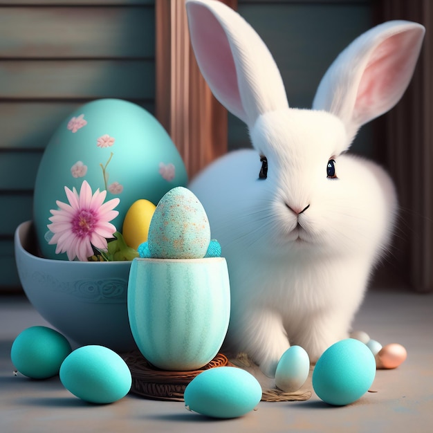 Un lapin est assis à côté d'un bol d'œufs et d'un bol d'œufs de Pâques.