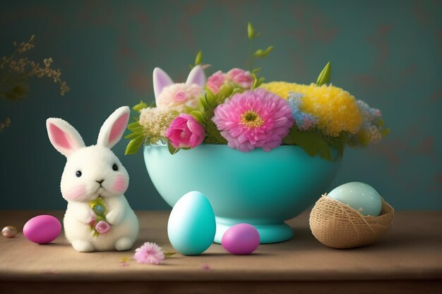 Un lapin est assis dans un bol de fleurs à côté d'un bol d'œufs de Pâques.